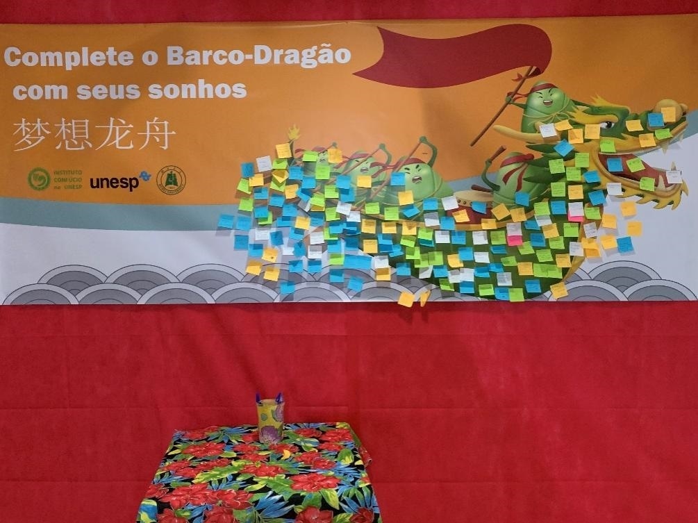 活動現(xiàn)場設置了“夢想龍舟”環(huán)節(jié)，大家將自己寫下的心愿貼在“龍舟”上，期盼“龍舟”承載自己的夢想駛向更美好的未來。（圣保羅州立大學孔子學院供圖）