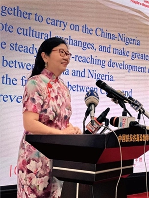 中國(guó)駐拉各斯總領(lǐng)館總領(lǐng)事嚴(yán)宇清致辭。駐拉各斯總領(lǐng)館供圖