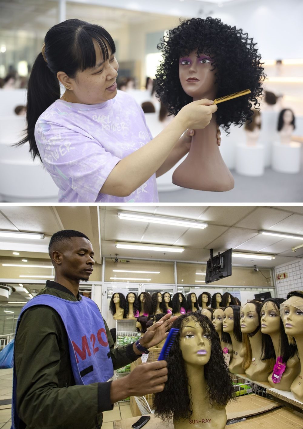 拼版照片：上圖為2023年5月25日，工人在湖南邵陽陽光發(fā)品有限公司展廳展示假發(fā)（新華社記者薛宇舸攝）；下圖為2023年6月9日，一名店員在湖南邵陽陽光發(fā)品有限公司位于南非約翰內斯堡的店鋪內展示假發(fā)（新華社記者張譽東攝）。新華社發(fā)