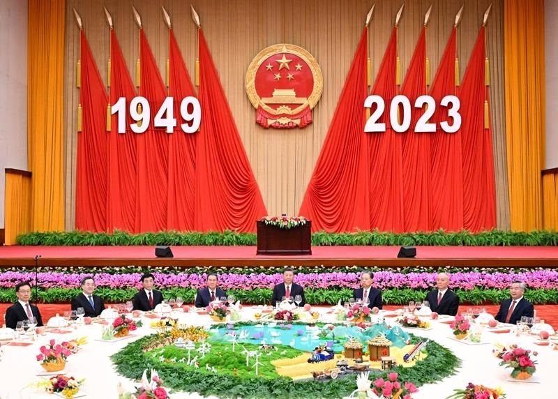 △2023年9月28日，慶祝中華人民共和國(guó)成立74周年招待會(huì)在北京人民大會(huì)堂舉行。