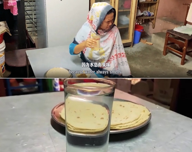 圖為紀(jì)實(shí)短片截圖：上圖為水質(zhì)未改善前，飲用水發(fā)黃渾濁；下圖為水廠建成后，飲用水水質(zhì)明顯改善，清澈透明。