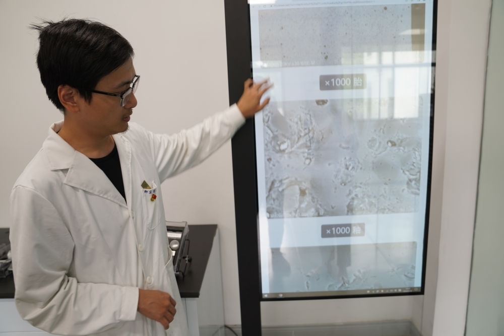 ↑ 工作人員展示瓷片標(biāo)本的配方研究數(shù)據(jù)（2023年5月16日攝）。