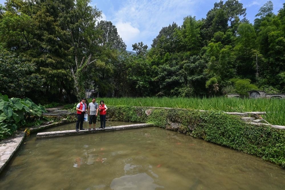2023年8月17日，浙江省麗水市青田縣方山鄉(xiāng)田魚(yú)養(yǎng)殖戶(hù)吳勇強(qiáng)（中）在接受青田農(nóng)商銀行“小蜻蜓”服務(wù)隊(duì)志愿者提供的“惠民易貸”上門(mén)服務(wù)。近年來(lái)，青田縣金融發(fā)展中心聯(lián)合各個(gè)金融機(jī)構(gòu)優(yōu)化配套鄉(xiāng)村振興金融服務(wù)，推出“惠民易貸”“農(nóng)家樂(lè)貸”等金融產(chǎn)品，重點(diǎn)支持涉農(nóng)龍頭企業(yè)及特色種養(yǎng)殖產(chǎn)業(yè)。新華社記者 徐昱 攝