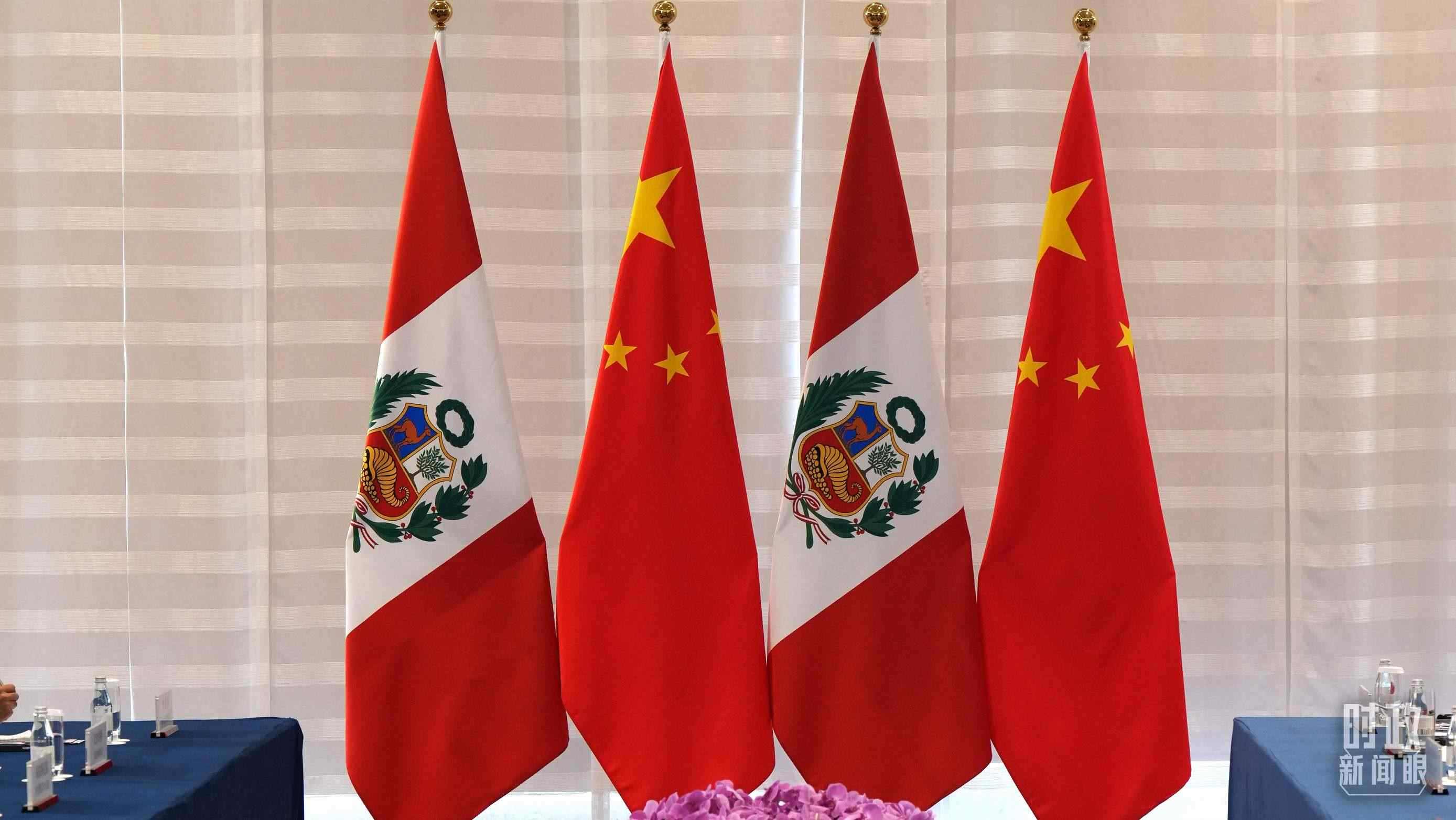 △會(huì)談現(xiàn)場(chǎng)的中秘兩國國旗。（總臺(tái)國廣記者李晉拍攝）