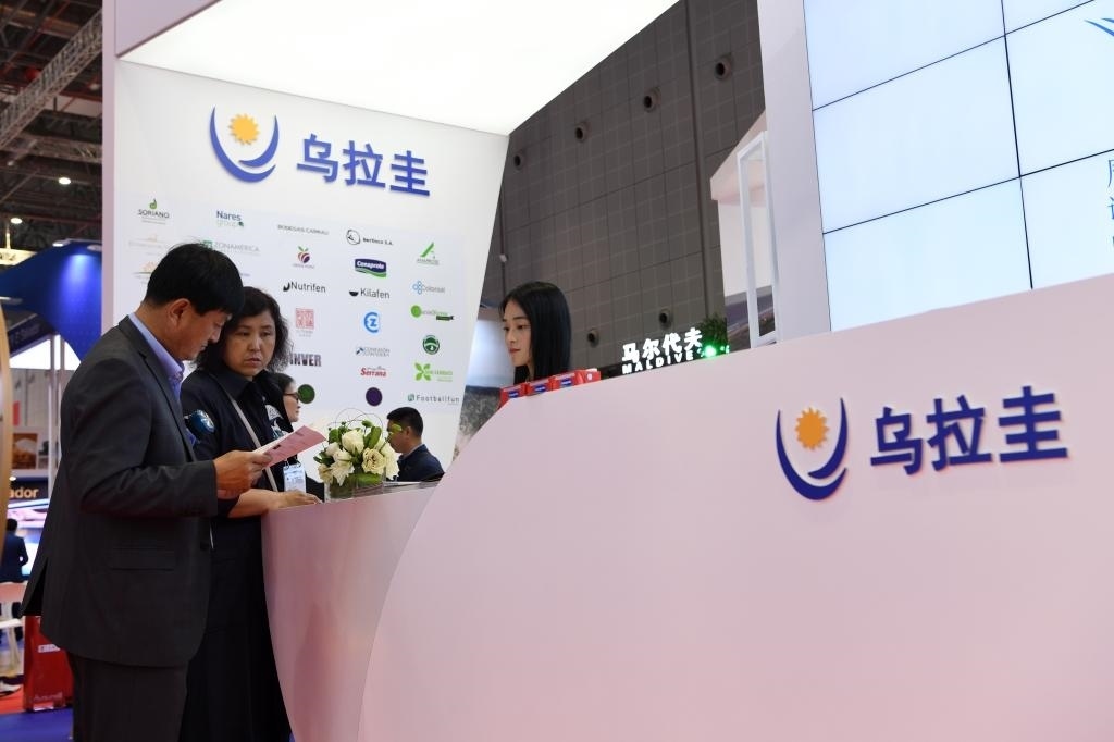 2019年11月6日，參觀者在第二屆進(jìn)博會(huì)烏拉圭國家館展臺(tái)咨詢。