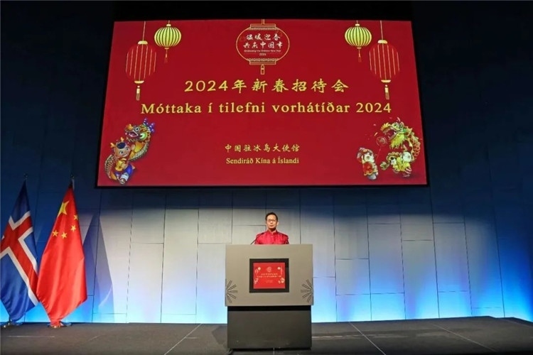 中國駐冰島大使何儒龍致辭。中國駐冰島大使館供圖