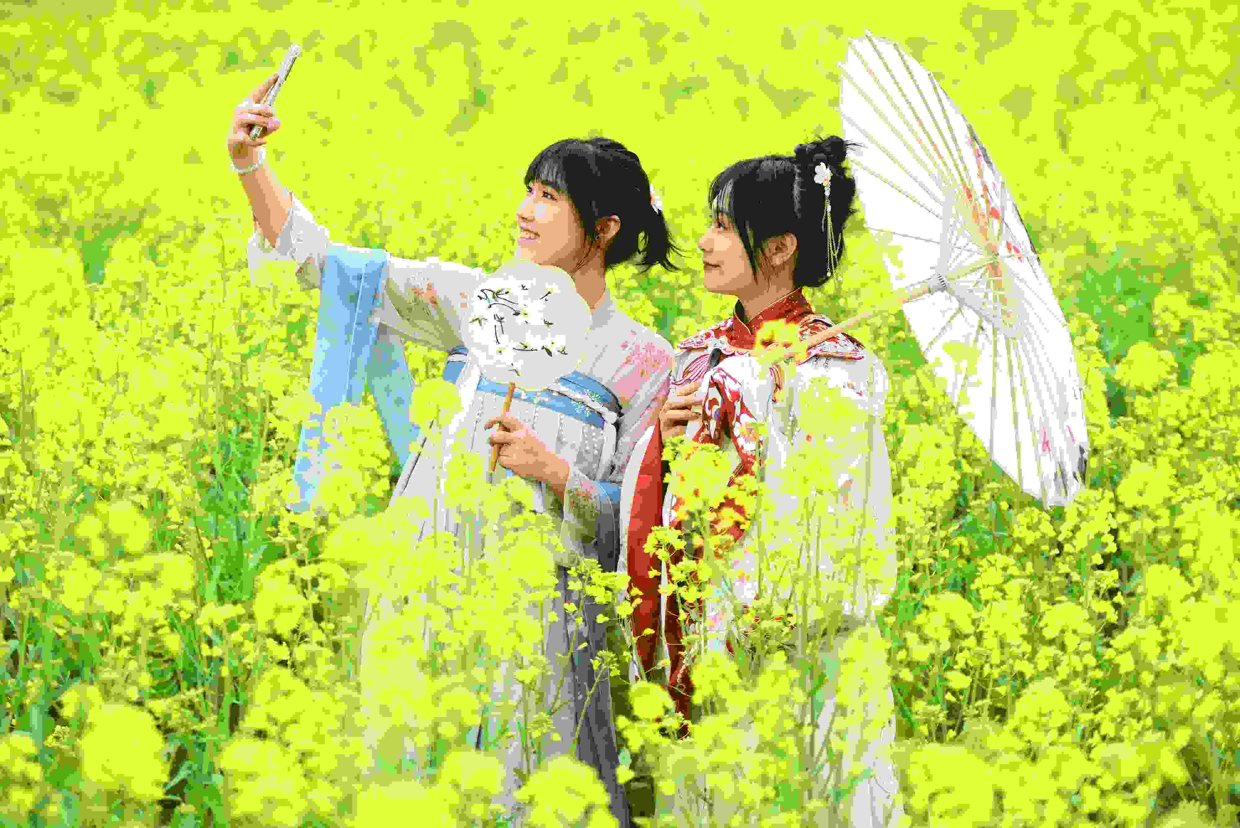 △ 2024年2月16日，廣西賀州，在富川瑤族自治縣麥嶺鎮(zhèn)三民村，游客在油菜花田間賞花拍照。