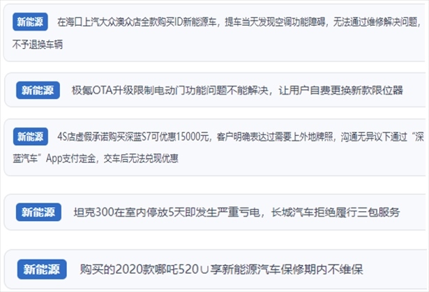 “人民投訴”用戶吐槽新能源汽車功能障礙多發(fā)、升級后配套服務(wù)跟不上、虛假優(yōu)惠、保修期內(nèi)不維保的問題。（“人民投訴”平臺截圖）