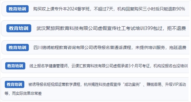 “人民投訴”用戶舉報機構(gòu)虛假宣傳包過包拿證、虛假承諾收益效果、課程服務(wù)貨不對板、退款難等在線教培亂象。（“人民投訴”平臺截圖）