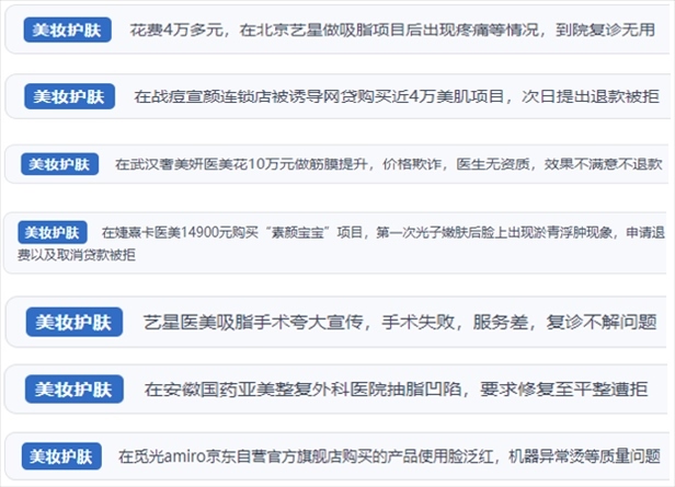 “人民投訴”用戶舉報醫(yī)美未達(dá)預(yù)期效果或?qū)е律眢w損傷退款遭拒、機構(gòu)及服務(wù)人員虛假資質(zhì)、被誘導(dǎo)高額醫(yī)美貸、網(wǎng)購美容儀器質(zhì)量不過關(guān)等問題。（“人民投訴”平臺截圖）