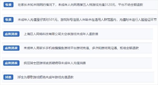 網(wǎng)友涉及“熊孩子”氪金相關(guān)投訴問題。（“人民投訴”用戶投訴截圖）