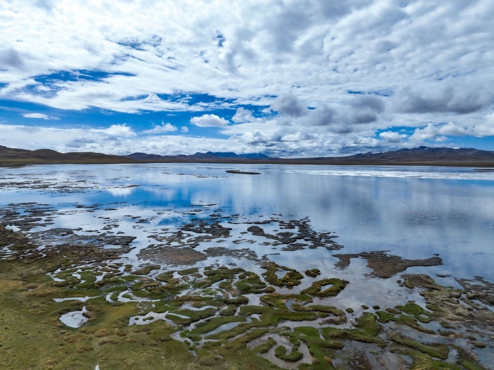 這是2024年5月26日在長江源頭地區(qū)拍攝的班德湖一角（無人機照片）。新華社記者 張龍 攝