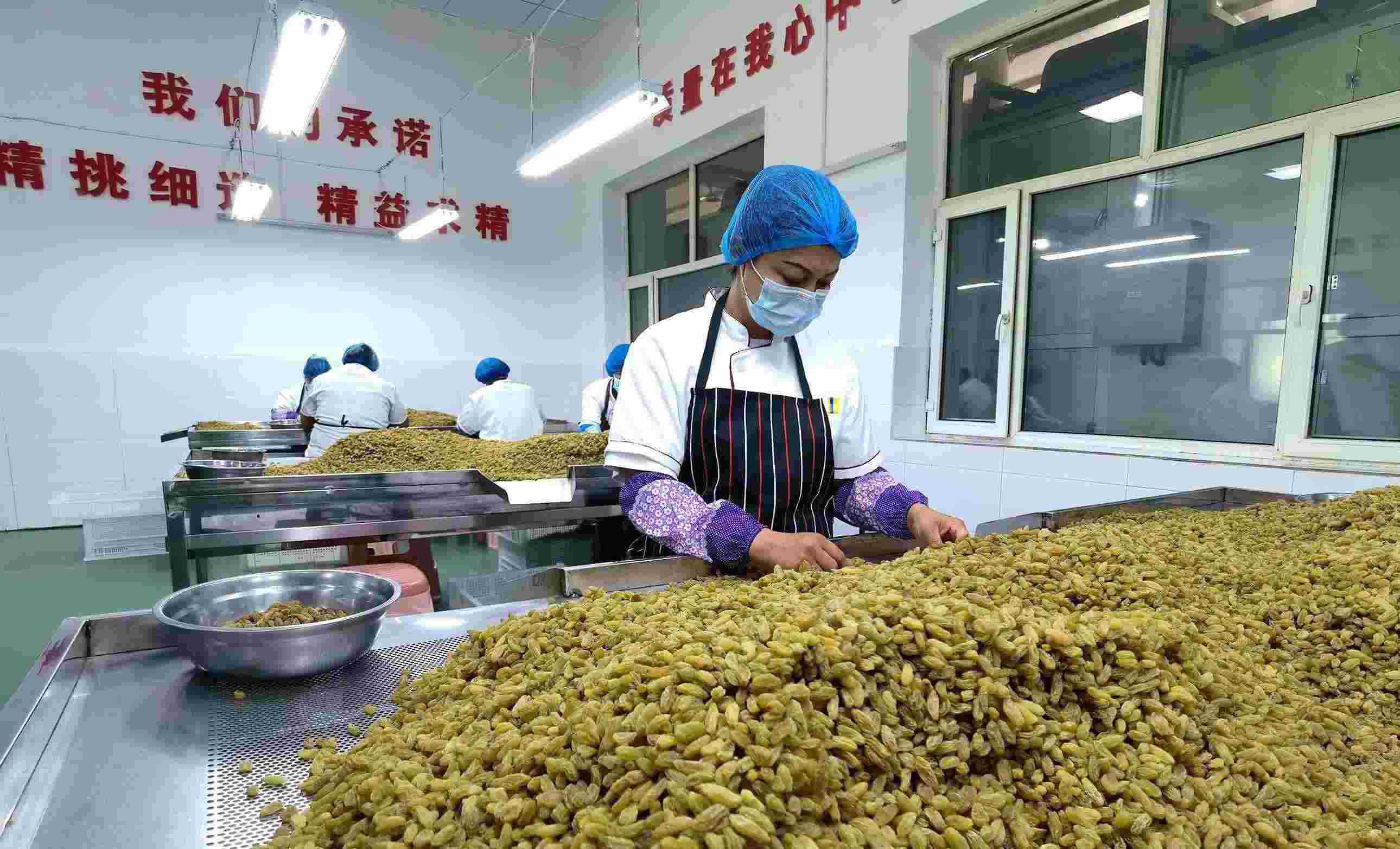 新疆吐魯番市高昌區(qū)亞爾鎮(zhèn)新城西門村，村民們在分揀葡萄干。