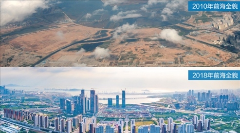 △在前海石公園的前海開(kāi)發(fā)開(kāi)放成果展示墻上，一張八年間的前海全貌對(duì)比圖。