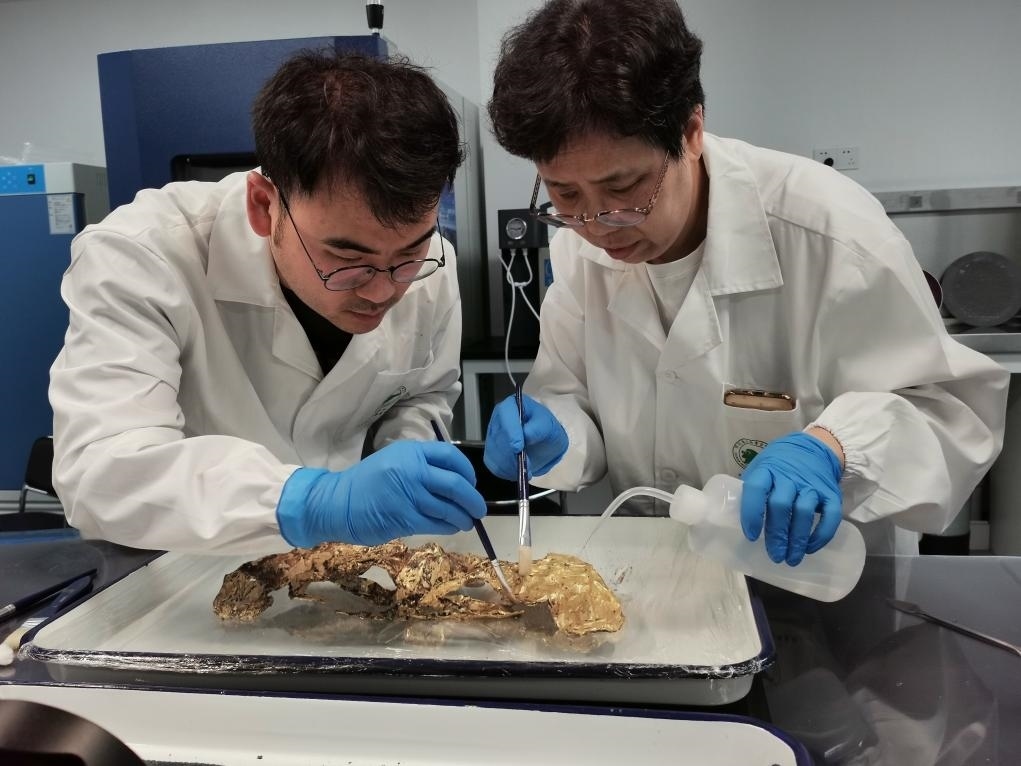 2023年7月，馬燕如（右）帶著魯海子（左）修復(fù)三星堆遺址出土的黃金面具。新華社發(fā)（四川省文物考古研究院供圖）