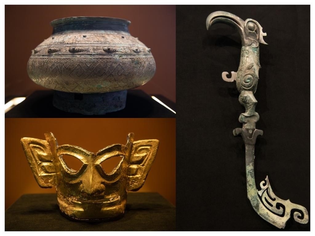 拼版照片：左上圖為青銅瓿，左下圖為黃金面具，右圖為青銅樹枝。新華社記者唐文豪 攝