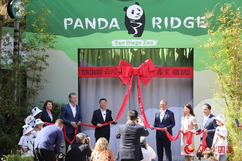 1、中國駐美國大使謝鋒、加州州長紐森、圣迭戈市市長格洛利亞等人共同為“熊貓嶺”開館剪彩。 人民網(wǎng)記者 李志偉攝