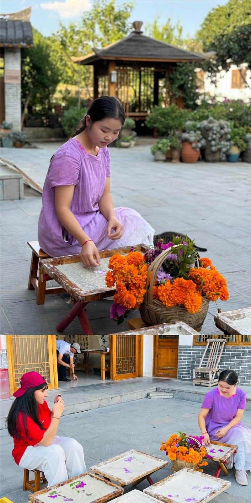 沒(méi)有女生不愛(ài)花。以古法造紙技藝為基礎(chǔ)，再輔以花草枝葉勾勒各式圖案，創(chuàng)作出花茂村獨(dú)具特色的紙漿壓花畫(huà)，少女手中的花是她眼中的風(fēng)景，而她與正在制作的紙漿壓花畫(huà)也是別人眼中的風(fēng)景。（哈薩克斯坦BAQ通訊社高級(jí)記者古爾詹·拉曼庫(kù)洛娃、張亞欣攝）