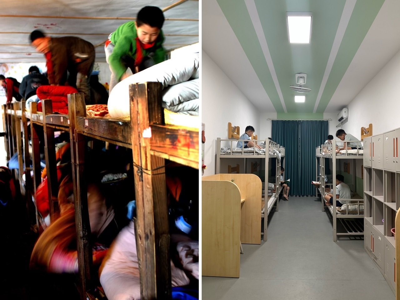 縉云縣東渡鎮(zhèn)長(zhǎng)坑小學(xué)2005年以前的學(xué)生宿舍（左），以及現(xiàn)在的學(xué)生宿舍（右） 學(xué)校供圖