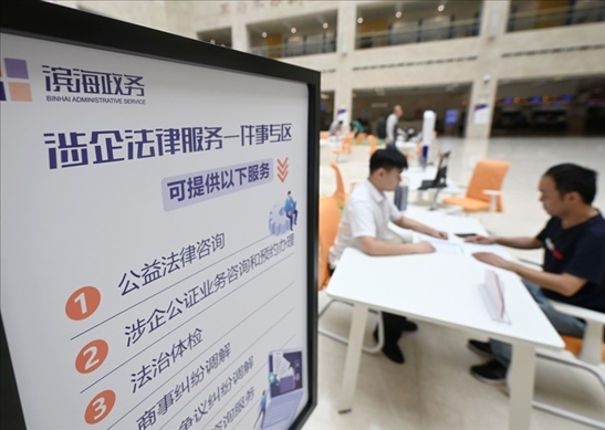 在天津濱海新區(qū)政務(wù)服務(wù)中心，工作人員在“涉企法律服務(wù)一件事”專區(qū)為市民提供服務(wù)（2024年7月31日攝）。新華社記者 趙子碩 攝