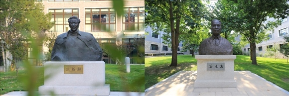 拼版照片：左圖為中央黨校（國家行政學(xué)院）校園內(nèi)的焦裕祿雕塑；右圖為中央黨校（國家行政學(xué)院）校園內(nèi)的谷文昌雕塑。