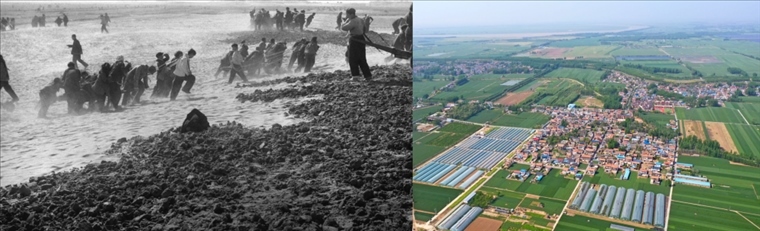 拼版照片：左圖為蘭考群眾在拉淤土壓沙（新華社記者 鄧歷耕 攝）；右圖為2024年4月25日拍攝的蘭考縣張莊村（無人機(jī)照片，新華社記者 郝源 攝）。