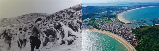 拼版照片：左圖為東山縣群眾在荒山上種植樹苗（資料照片）；右圖為2020年6月18日拍攝的東山縣陳城鎮(zhèn)澳角村附近風(fēng)光（無人機(jī)照片，新華社記者 姜克紅 攝）。