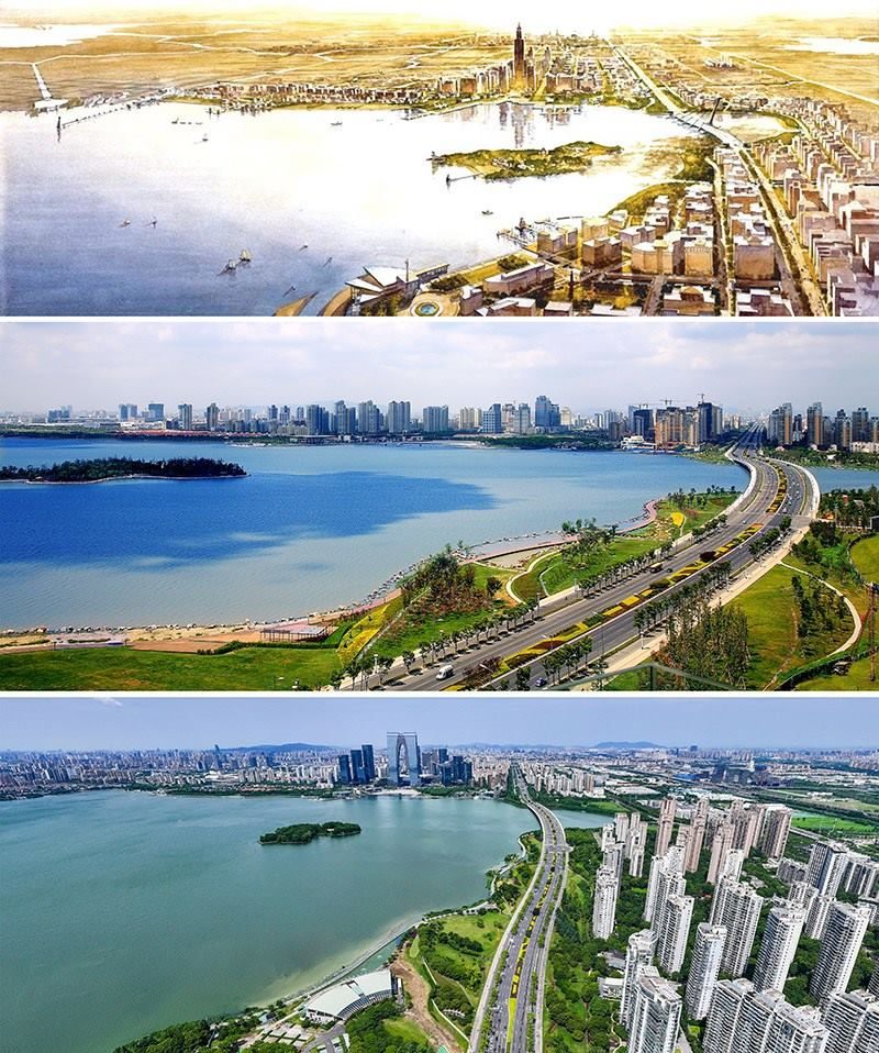 拼版照片：上圖為1994年繪制的蘇州工業(yè)園區(qū)手繪規(guī)劃圖；中圖為2007年拍攝的蘇州工業(yè)園區(qū)；下圖為2023年7月4日用無(wú)人機(jī)拍攝的蘇州工業(yè)園區(qū)。