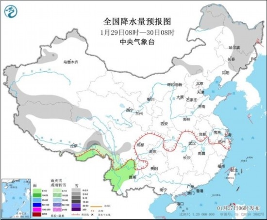 全國(guó)降水量預(yù)報(bào)圖(1月29日08時(shí)-30日08時(shí)) 圖片來(lái)源:中央氣象臺(tái)網(wǎng)站