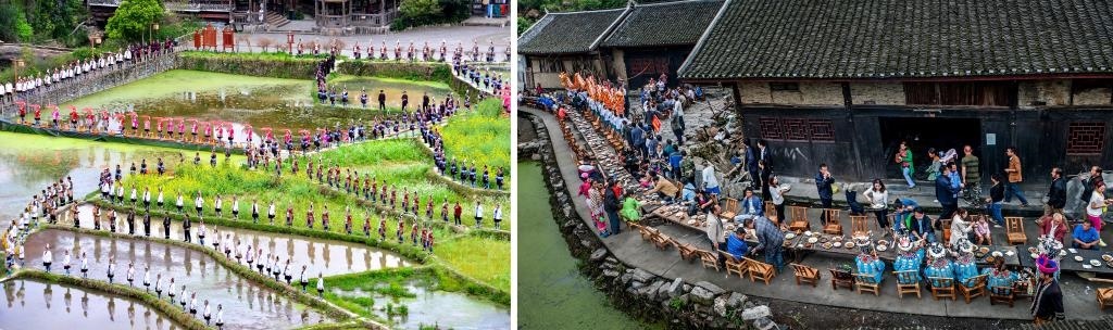 左圖：近期，人們在黎平縣肇興侗寨的田園里演唱侗族大歌（黎平縣委宣傳部供圖）；右圖：這是2023年拍攝的十八洞村長桌宴（湘西州委宣傳部供圖）。