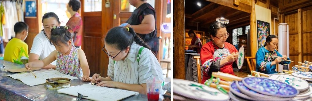 左圖：近期，游客在黎平縣肇興侗寨體驗非遺蠟染藝術(shù)（黎平縣委宣傳部供圖）；右圖：這是2024年拍攝的繡娘在十八洞村梨子寨苗繡鄉(xiāng)村振興示范基地制作苗繡產(chǎn)品（湘西州委宣傳部供圖）。