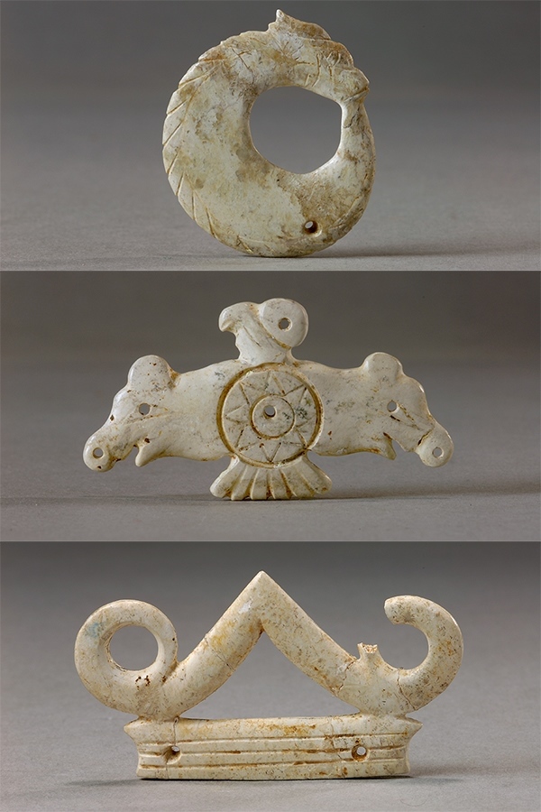 玉龍（上）、玉鷹（中）和玉冠飾（下）。國家文物局供圖