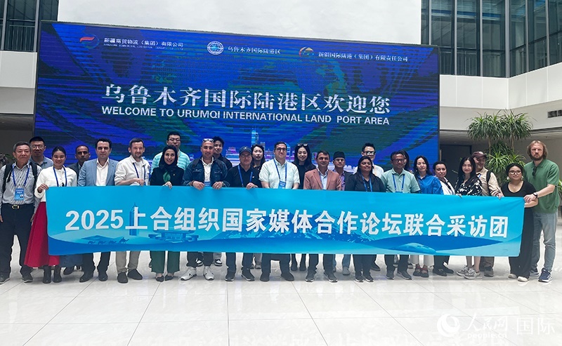 5月26日，外國媒體人在烏魯木齊國際陸港區(qū)合影留念。 人民網(wǎng)記者 翟轉(zhuǎn)麗攝