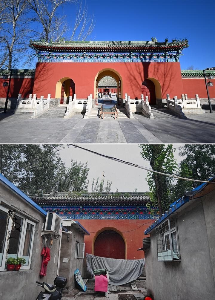 位于先農(nóng)壇內(nèi)的慶成宮，曾長(zhǎng)時(shí)間被雜亂的民居占據(jù)。在北京中軸線申遺保護(hù)工作的帶動(dòng)下，北京完成了慶成宮區(qū)域文物征收騰退、非文物建筑拆除、彩畫保護(hù)、本體修繕、展覽布陳等，讓560多年歷史的古建群重新回歸。2024年12月，北京中軸線上先農(nóng)壇內(nèi)的慶成宮首次面向社會(huì)公眾開放。上圖為騰退修繕后的慶成宮內(nèi)宮門（資料照片）；下圖為翻拍的慶成宮內(nèi)宮門騰退修繕前的資料照片（2024年12月21日攝）。